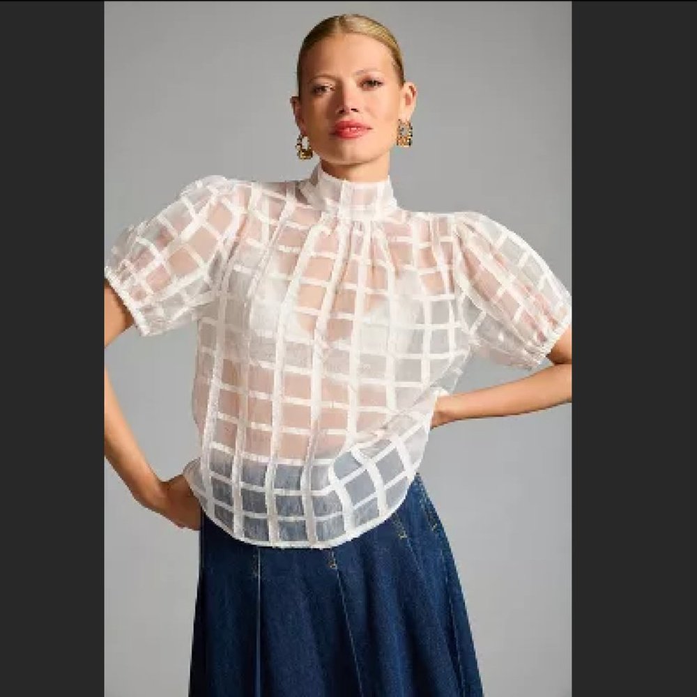 Maeve Sheer Grid Short-Sleeve Blouse